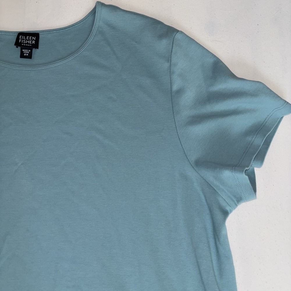 Eileen Fisher Women's Teal Blue Solid Scoop Neck Short Sleeve Cotton Knit Tee 2X